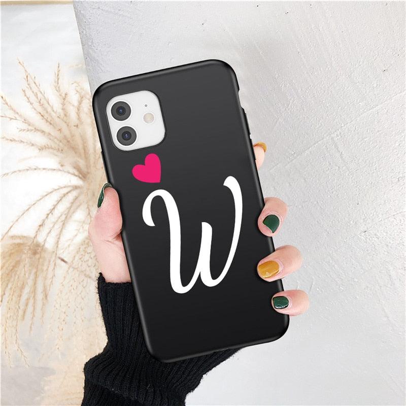 Women Elegant Black Initial Letter A-Z Love Heart Couples Phone Case For iPhone 13 12 Pro Max Mini Luxury Soft Silicone Cover Name Letter Case Stevvex