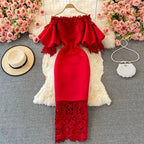 Sexy Hollow Out Lace Bodycon Long Dress Women Elegant Red/Pink/White Off Shoulder Patchwork Maxi Party Vestidos 2021 Autumn New