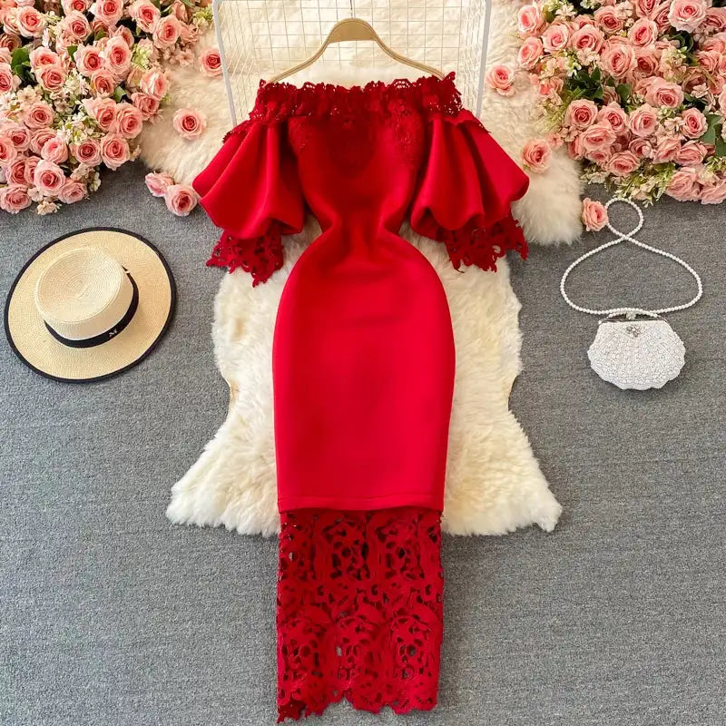 Sexy Hollow Out Lace Bodycon Long Dress Women Elegant Red/Pink/White Off Shoulder Patchwork Maxi Party Vestidos 2021 Autumn New