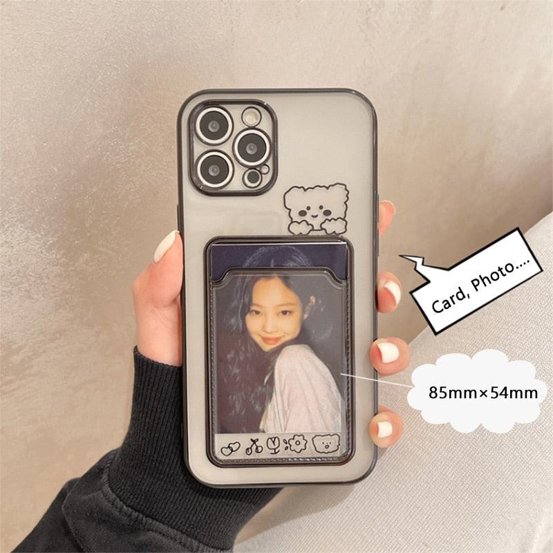 Ultra-light Transparent Photo Card Pocket Wallet Case For iPhone 13 11 12 14 Pro Max XS XR X 8 7 6S Plus Plating Cute Bear Rabbit Soft Phone Cover Cute Case with Card Holder Soft Cover Stevvex