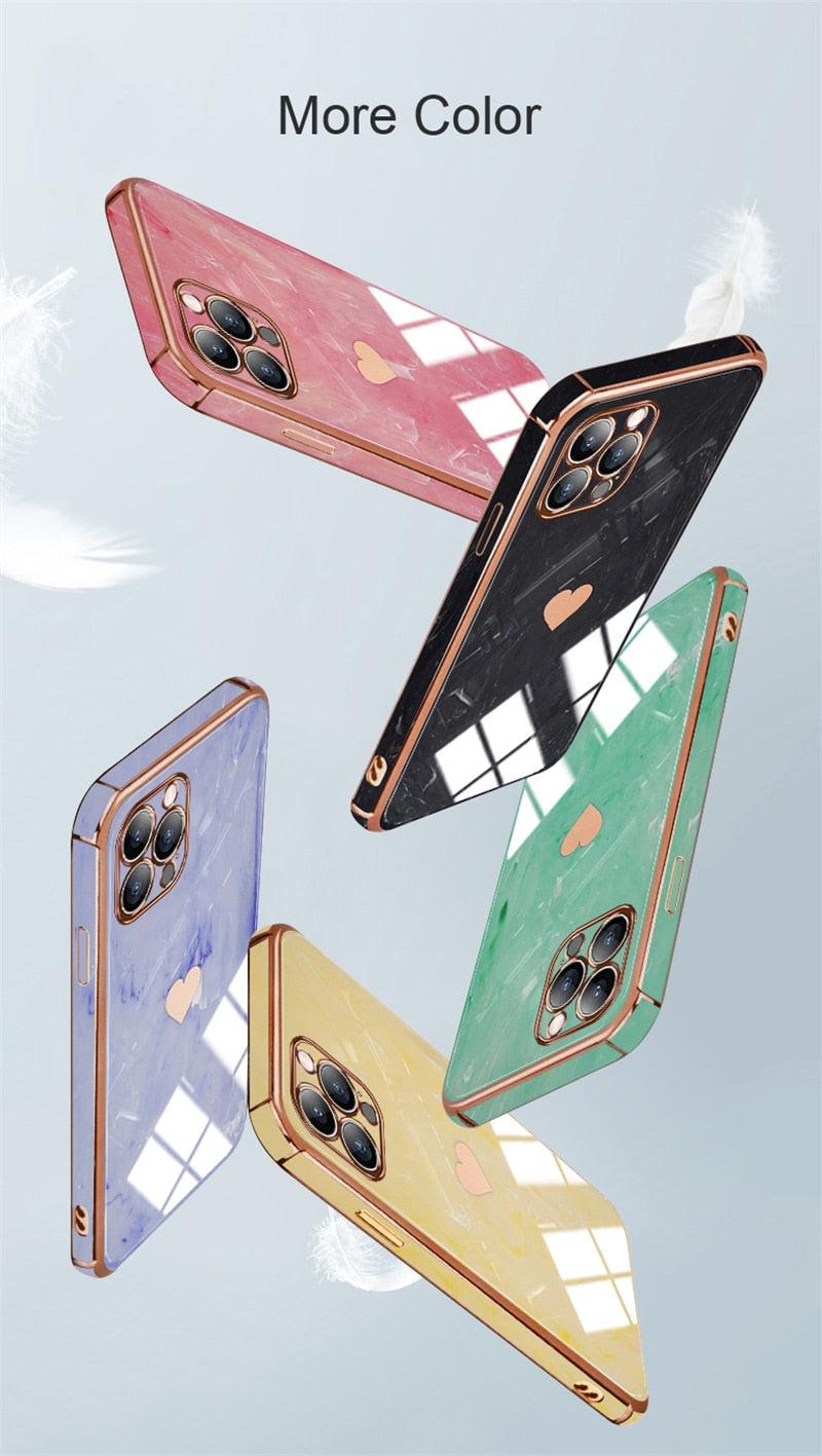 Luxury Shockproof Soft Case For iPhone 13 12 11 Pro Max XS XR X R 8 7 Plus iPhone12 12Pro iPhone11 Marble Texture Covers  Luxury Love Phone Case Cute Side Small Heart Pattern Soft Shockproof Full Lens Case for iPhone Stevvex