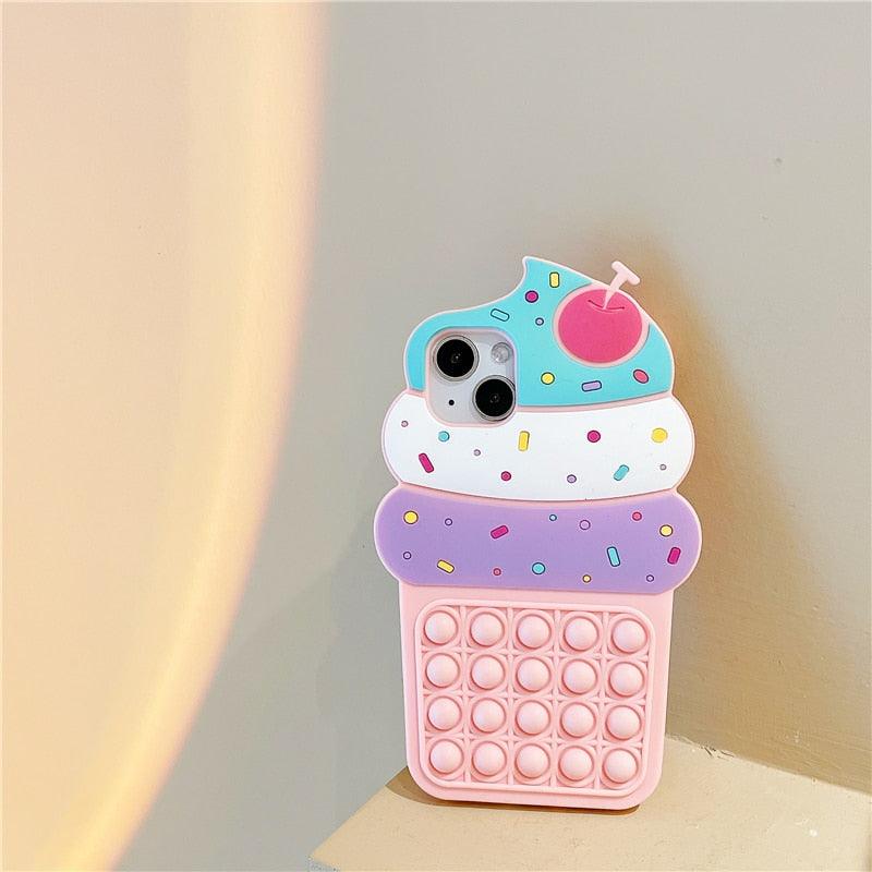 3D Delicious Cherry Ice Cream Silicone Phone Case For iphone 13 12 11 Pro Max Xs Xr 7 8 Plus X Se finger bubble game soft cover 3D Cartoon Cupcake Shape Soft Silicone Full Protection Shockproof Case Stevvex