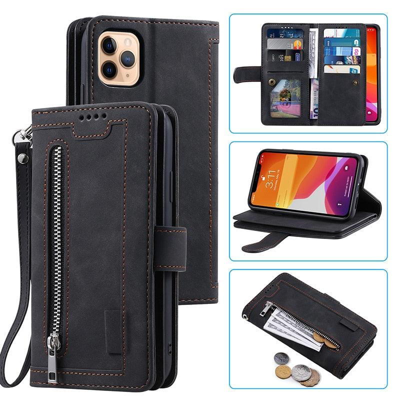 Business Blue New Cards Flip Leather Case For iPhone 14 13 12 11 Pro Max 10 X 6 6s 7 8 Plus XR XS Max Multifunctional Wallet Phone Case  Multi-Card Wallet Leather iphone Case Stevvex