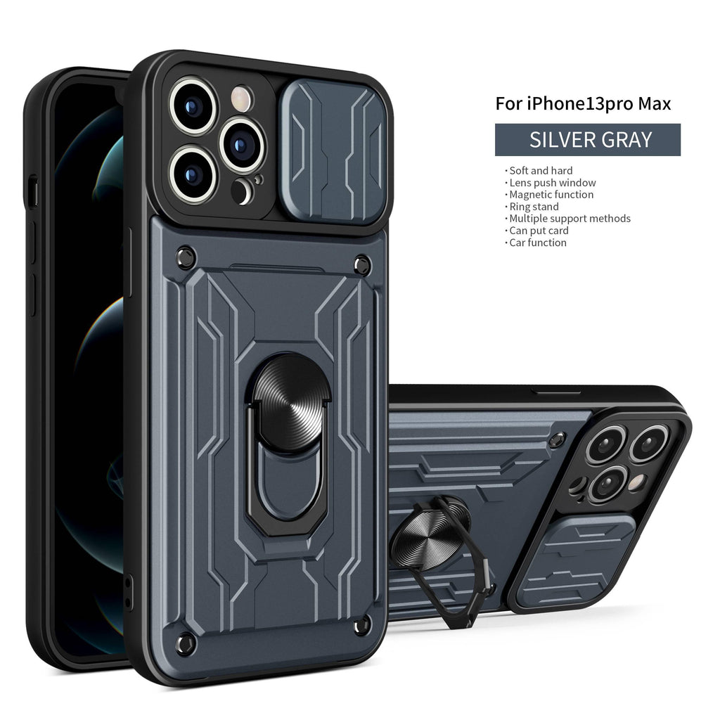 Heavy Duty Armor Case Card Pocket for iPhone 11 Pro 7 8 Plus Magnetic Phone Holder Cover Slide Lens Protection Design Card Holder Slot With Rotating Ring Armor Bumper Shockproof Case Stevvex