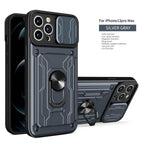 Heavy Duty Armor Case Card Pocket for iPhone 11 Pro 7 8 Plus Magnetic Phone Holder Cover Slide Lens Protection Design Card Holder Slot With Rotating Ring Armor Bumper Shockproof Case Stevvex