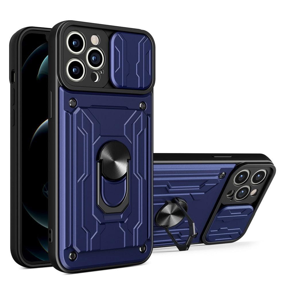 Shockproof Case for iPhone 13 12 11 Pro Max With Card Slot Ring Stand Camera Protection Phone Cover for iPhone XR XS Max Removable Card Holder Ring Holder Shockproof Protection Cover Stevvex