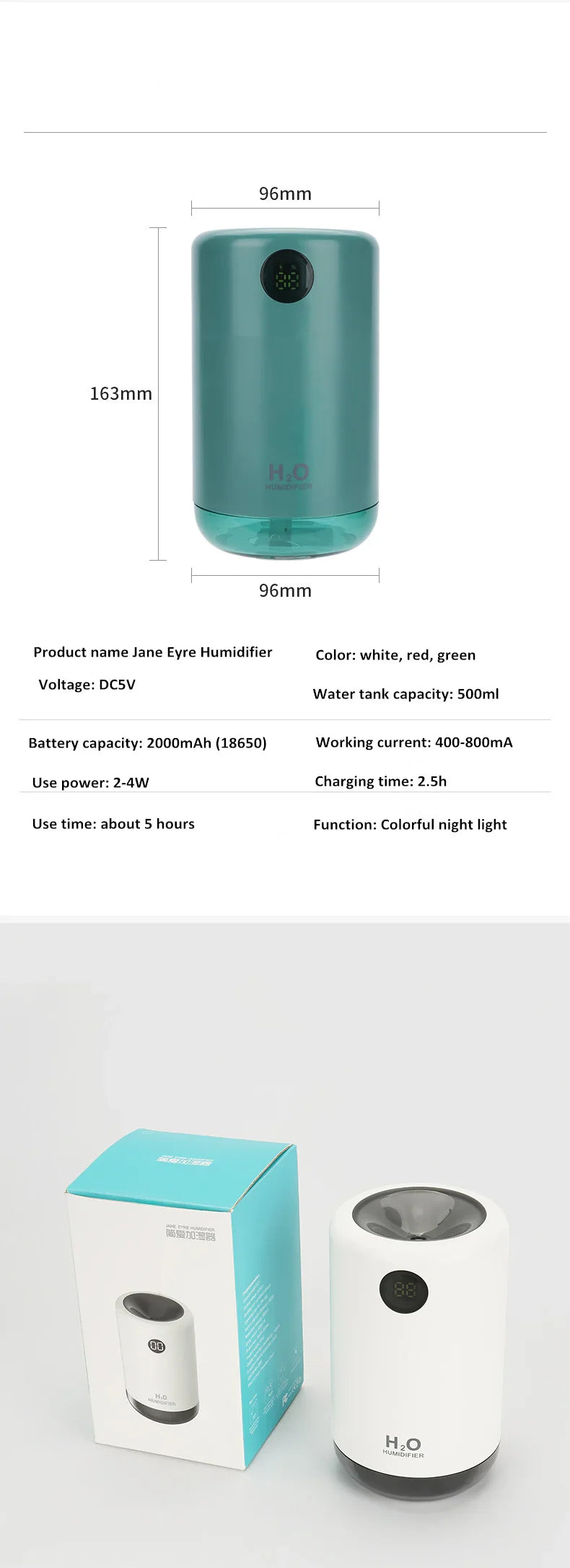 Home Table Wireless Ultrasonic Air Humidifier, Portable Mini Aroma Water Mist Diffuser, Battery Life Show, 500ml, 2000mAh Lootquake LLC