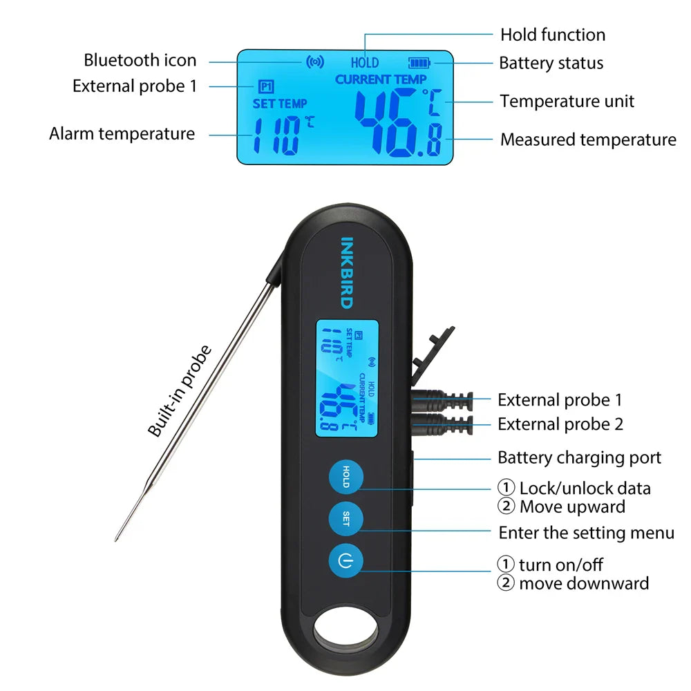 INKBIRD Digital Meat Thermometer With 2 External Probes IHT-2PB Backlight Display 2 Sec Instant Readout Bluetooth Rechargeable Lootquake LLC