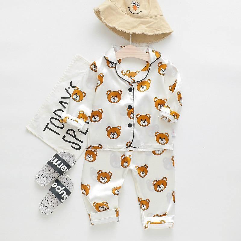 Luxury Modern Children's Pajamas Set Baby Suit Toddler Boys and Girls Ice Silk Satin Cartoon Printing Tops Pants Set Home Wear pajams for Kids