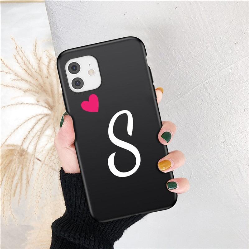 Women Elegant Black Initial Letter A-Z Love Heart Couples Phone Case For iPhone 13 12 Pro Max Mini Luxury Soft Silicone Cover Name Letter Case Stevvex