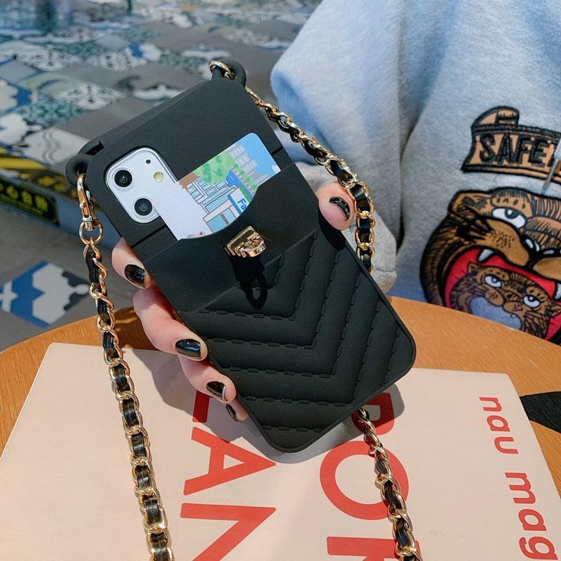 Luxury Wallet Bag Phone Case For iPhone 14 13 12 MINI 11 Pro XR XS Max 6 7 8 Plus Silicone Card Pocket Strap Cover With Lanyard Crossbody Chain Card Holder Slot Handbag Wrist Strap Protective Cover Stevvex