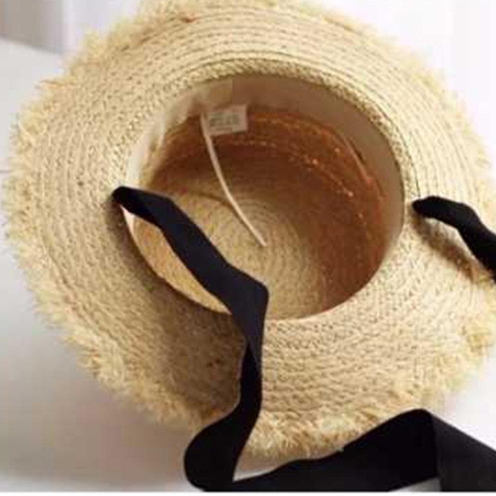 Vintage Straw Hat Women Wide Sun Protection Beach Hat Black And White Ribbon Bowknot Cute Design Straw Cap Women Elegant Summer Hat Beach Fedoras Casual Ladies Flat Top Hat Stevvex