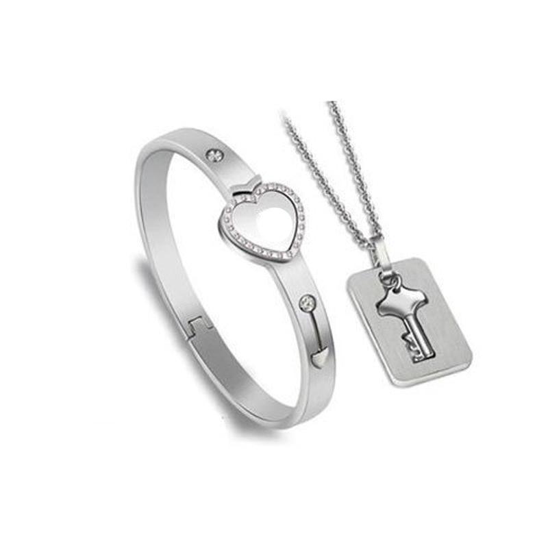 Fashion Concentric Lock Key Titanium Steel Stainless Steel Luxury Jewelry Bracelet and Necklace Couple Sets For Women - SJB-DIAMOND ELITES