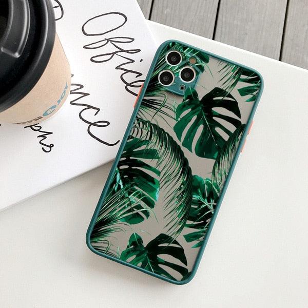 Green Leaves Plant Flower Phone Case for iphone 11 12 13 14 Pro Max Hard Back Shockproof Cover Floral Tropical Design with Slim Glossy Green Palm Leaves Pattern Case Stevvex