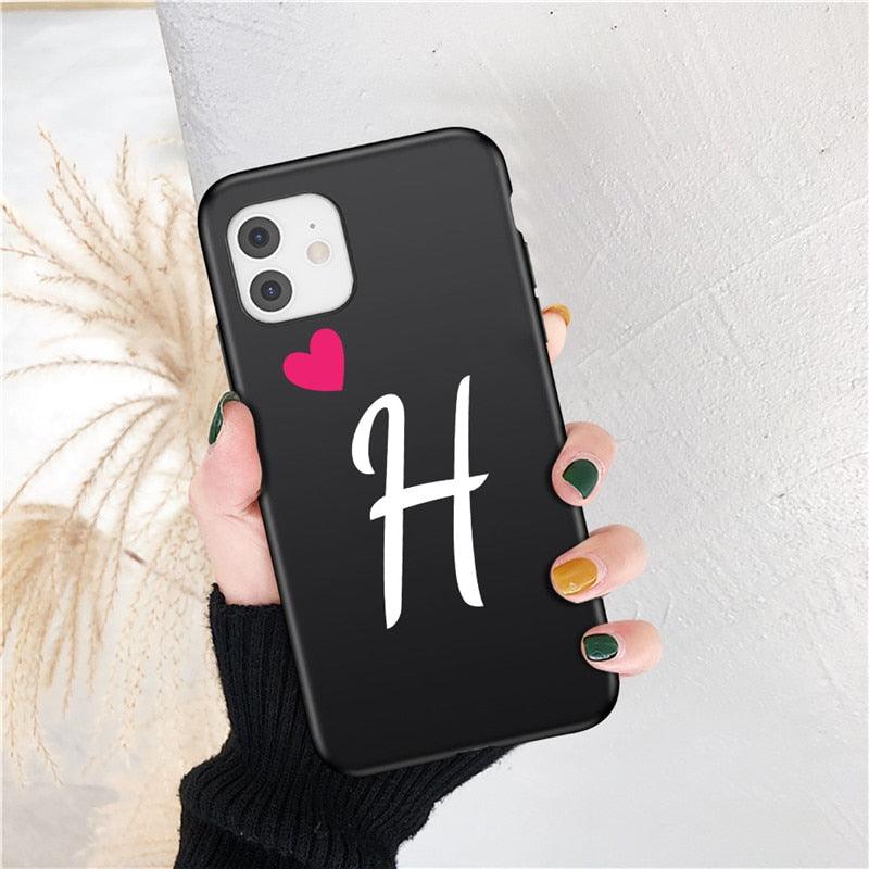 Women Elegant Black Initial Letter A-Z Love Heart Couples Phone Case For iPhone 13 12 Pro Max Mini Luxury Soft Silicone Cover Name Letter Case Stevvex