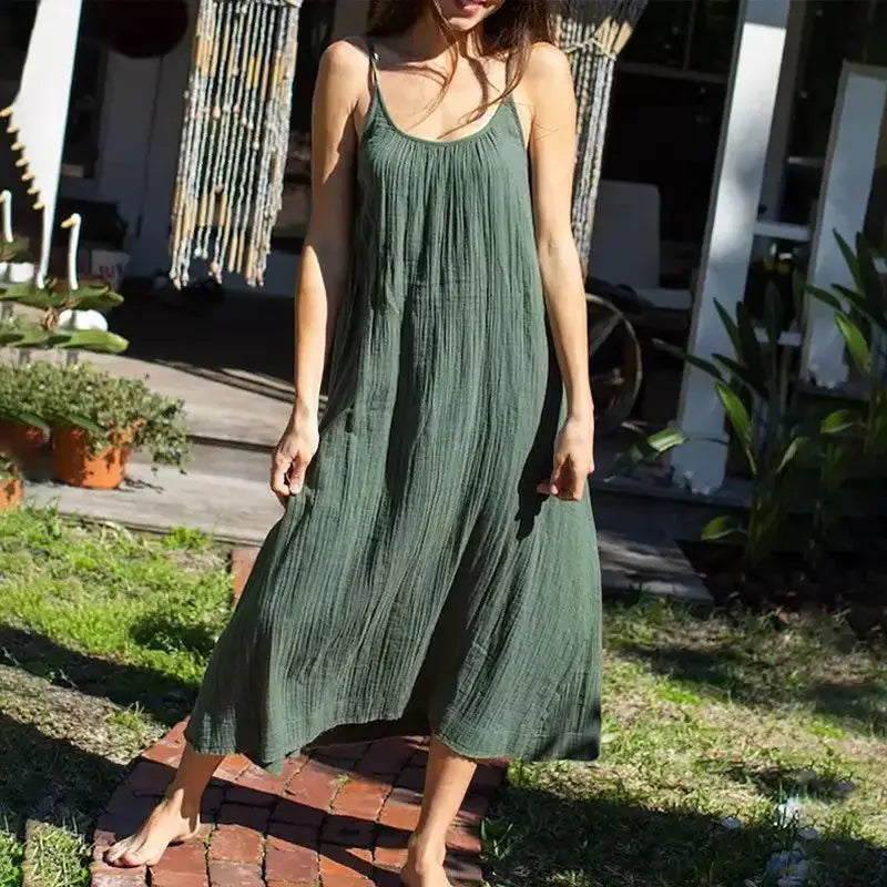 Casual 100% Cotton Summer Women's Long Dress Loose Solid Sleeveless Backless Streetwear Elegant  Female Dress Vestidos Robe Lootquake LLC