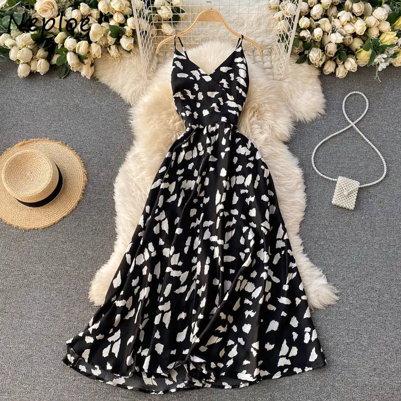 Neploe Vintage Print Holiday Long Dress Women High Waist Hip A Line Vestidos Summer 2025 New V Neck Sleeveless Camis Robe Slim