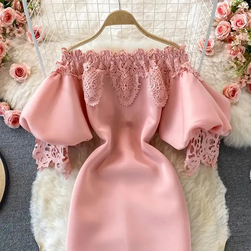 Sexy Hollow Out Lace Bodycon Long Dress Women Elegant Red/Pink/White Off Shoulder Patchwork Maxi Party Vestidos 2021 Autumn New