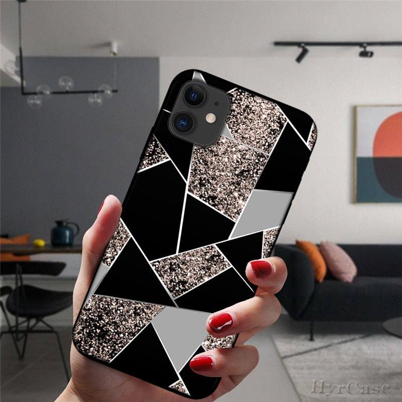 Unique Abstract Ultra Thin Sparkle Soft Silicone Case For iPhone XS Max 8 7 Plus X XR 6 6S 5S Mini Black Phone Case Marble Geometric Art Soft Silicone Cover Stevvex