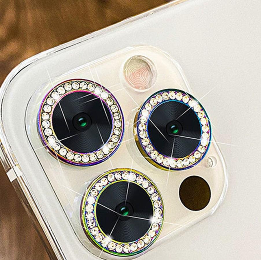 2023 New Diamond Bling Metal Ring Glass Protective Cap For iPhone 14 13 12 11 Pro Max Mini Camera Lens Circle Protector Paste Tempered Glass Camera Cover Camera Lens Protector Stevvex