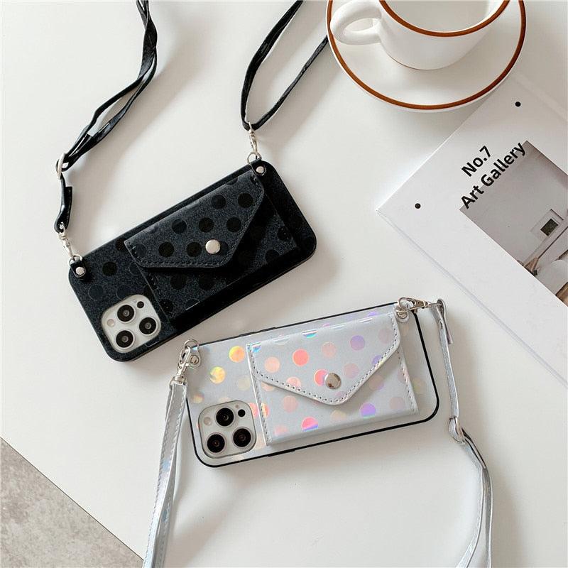 Luxury Little Dots Wallet Shoulder Strap Phone Case For iPhone 14 14Pro Max 13 12 Mini 11 Pro XSXR 7 8 Plus Leather Wallet Case with Card Holder Neck Strap Wrist Strap Pocket Cover Stevvex