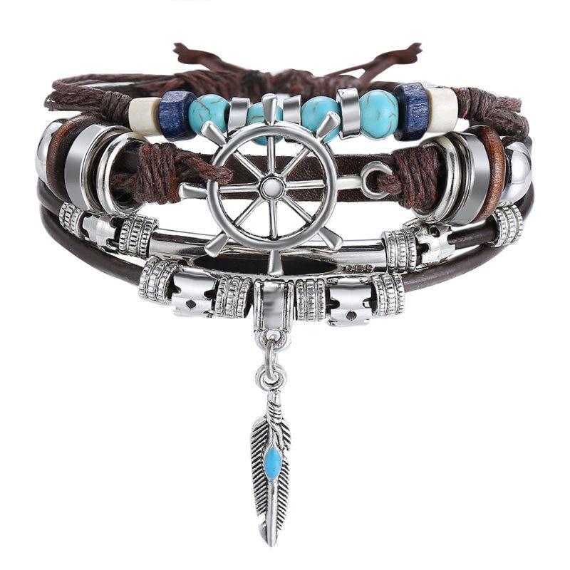 BOHO Tibet Stone Feather Multilayer Leather Bracelet Eye Fish Charms Beads Bracelets For Men Vintage Punk Wrap Wristband Cool Jewelry - SJB-DIAMOND ELITES