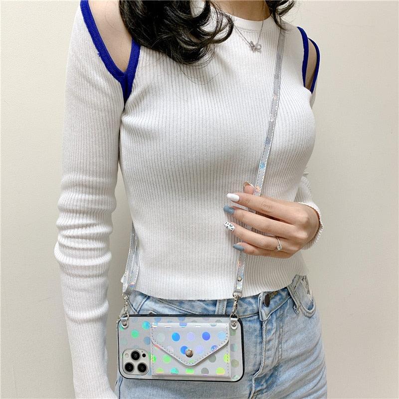 Luxury Little Dots Wallet Shoulder Strap Phone Case For iPhone 14 14Pro Max 13 12 Mini 11 Pro XSXR 7 8 Plus Leather Wallet Case with Card Holder Neck Strap Wrist Strap Pocket Cover Stevvex