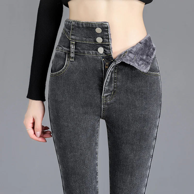 Thermal Winter Thick Fleece High-waist Warm Skinny Jeans Thick Women Stretch Button Pencil Pants Mom Casual Velvet Jeans Lootquake LLC