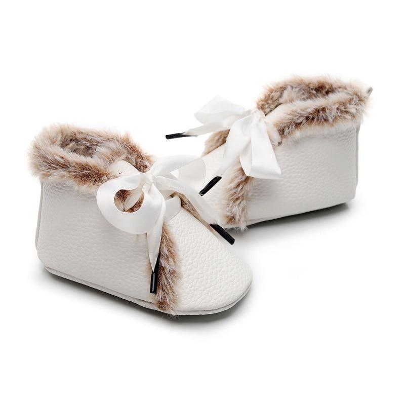 Baby PU Boots Winter Anti-slip Warm First Walkers Soft Soled Booties Toddler Bowknot Lace-up Shoes Stevvex