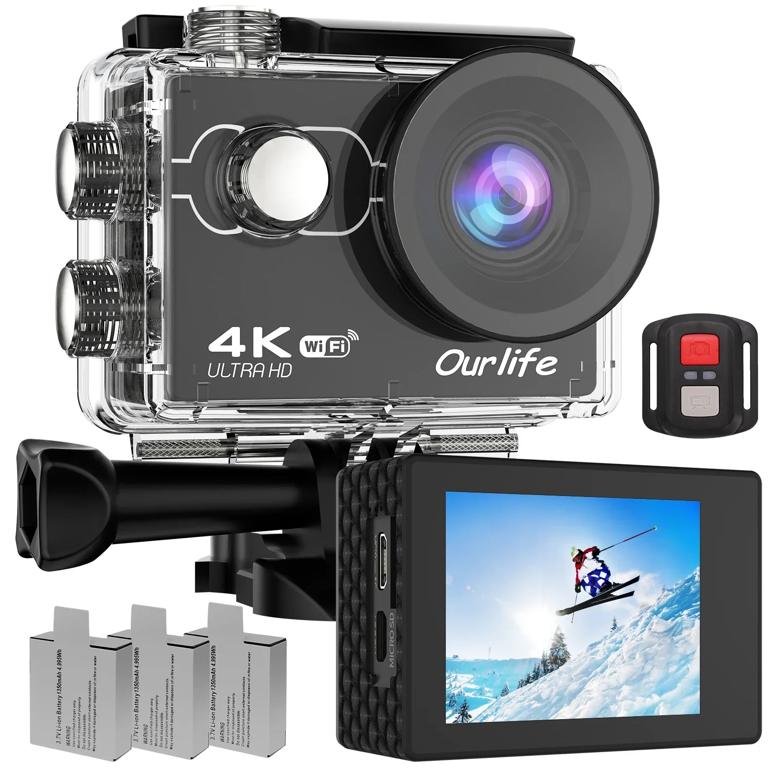 Ourlife hot selling 4K 30fps 1080P 60fps remote control sports action camera with three batteries for bicycle