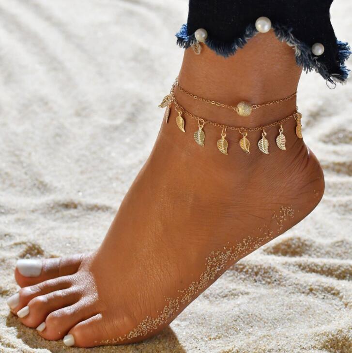 Gold Metal Shell Coconut Tree Female Anklets Barefoot Sandals Foot Summer Double Layers  Foot  Bracelets Leg Jewelry - SJB-DIAMOND ELITES