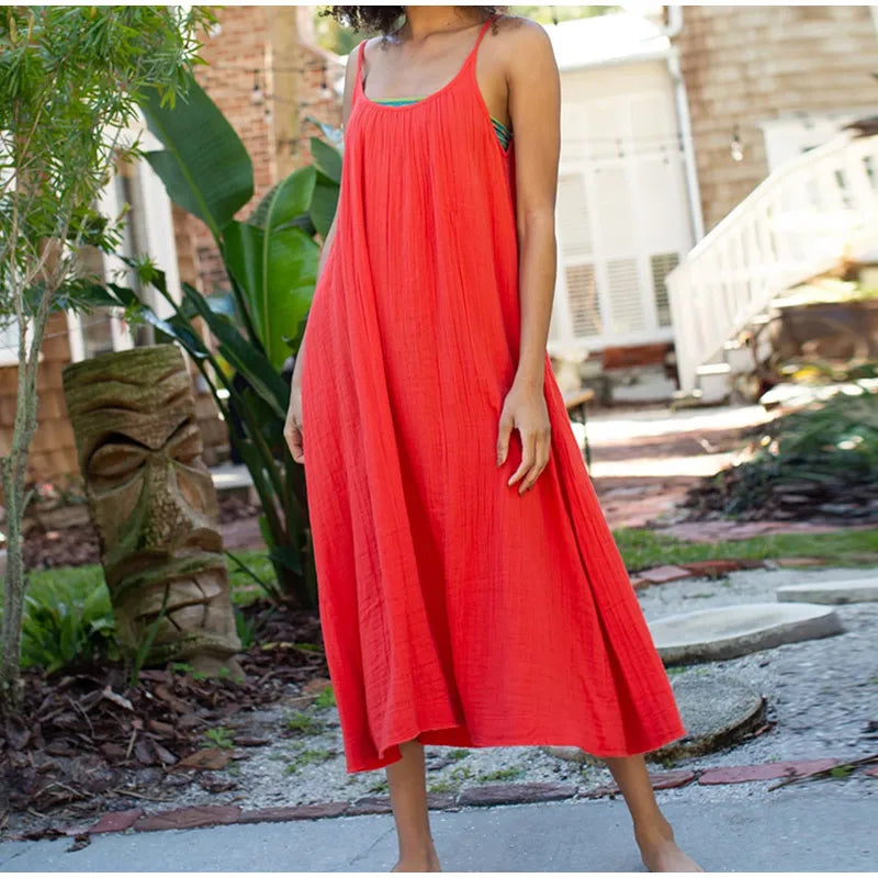 Casual 100% Cotton Summer Women's Long Dress Loose Solid Sleeveless Backless Streetwear Elegant  Female Dress Vestidos Robe Lootquake LLC