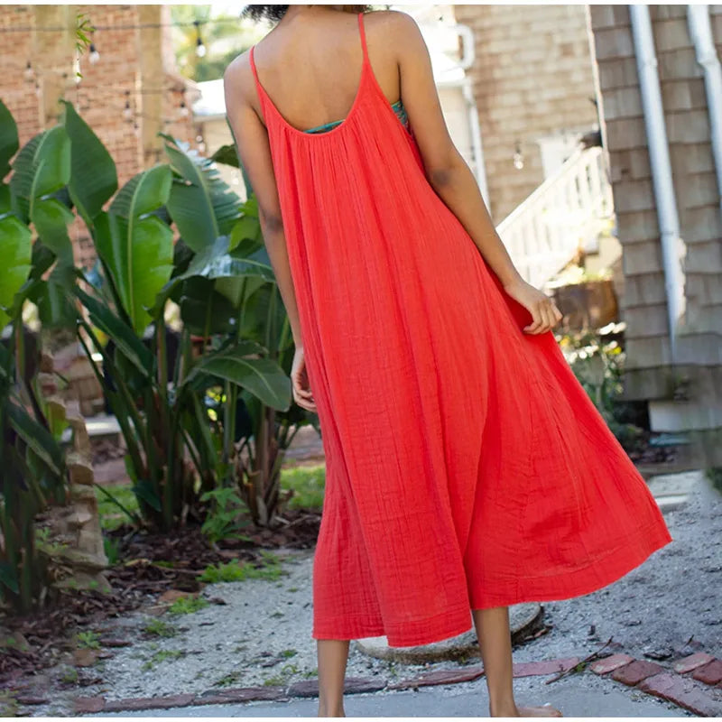 Casual 100% Cotton Summer Women's Long Dress Loose Solid Sleeveless Backless Streetwear Elegant  Female Dress Vestidos Robe Lootquake LLC