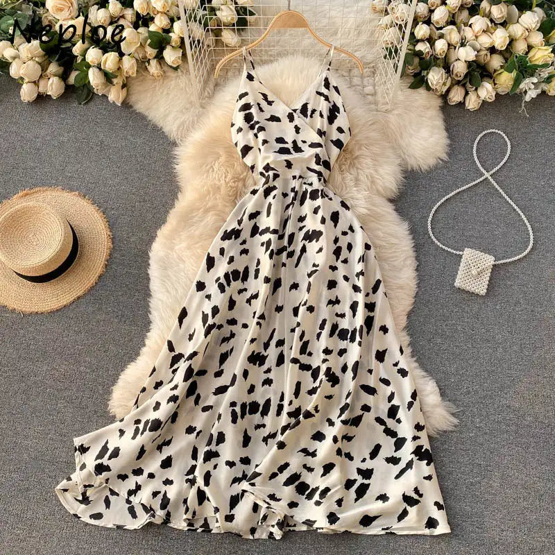 Neploe Vintage Print Holiday Long Dress Women High Waist Hip A Line Vestidos Summer 2025 New V Neck Sleeveless Camis Robe Slim