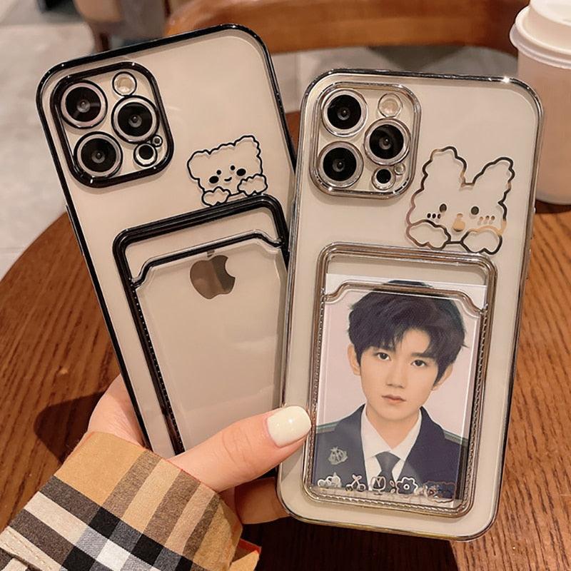 Ultra-light Transparent Photo Card Pocket Wallet Case For iPhone 13 11 12 14 Pro Max XS XR X 8 7 6S Plus Plating Cute Bear Rabbit Soft Phone Cover Cute Case with Card Holder Soft Cover Stevvex
