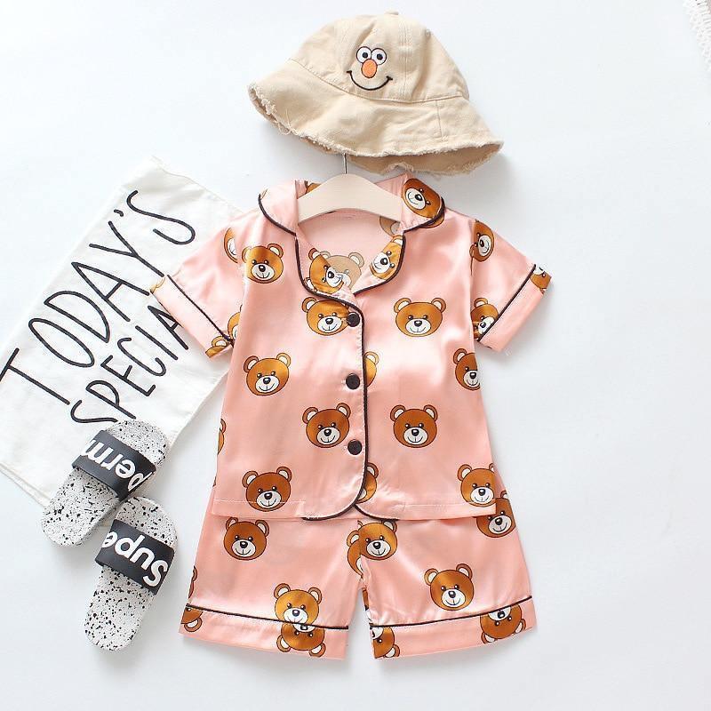 Luxury Modern Children's Pajamas Set Baby Suit Toddler Boys and Girls Ice Silk Satin Cartoon Printing Tops Pants Set Home Wear pajams for Kids