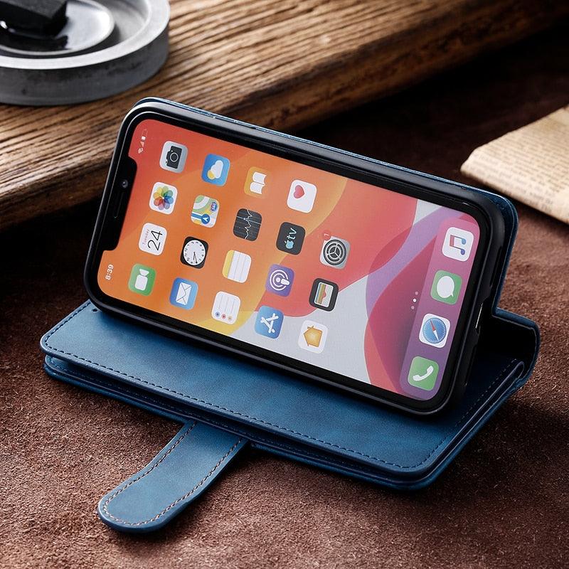 Business Blue New Cards Flip Leather Case For iPhone 14 13 12 11 Pro Max 10 X 6 6s 7 8 Plus XR XS Max Multifunctional Wallet Phone Case  Multi-Card Wallet Leather iphone Case Stevvex