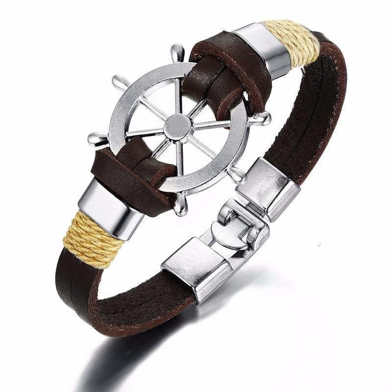 Handmade Sailor Anchor Ship Bracelet In Vintage Retro Rudder Charm Bracelet for Men Made from leather and Stainless Steel for Man - SJB-DIAMOND ELITES