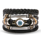 Vintage Black Bead Bracelets For Men Fashion Hollow Triangle Leather Bracelet & Bangles Multilayer Wide Wrap Jewelry For Men and Women