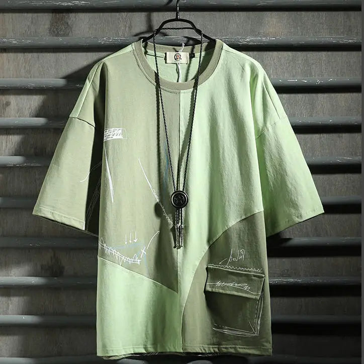 Old style hip hop fashion men's short sleeve T-shirt color matching style tooling 5-sleeve men's T-shirt Lootquake LLC