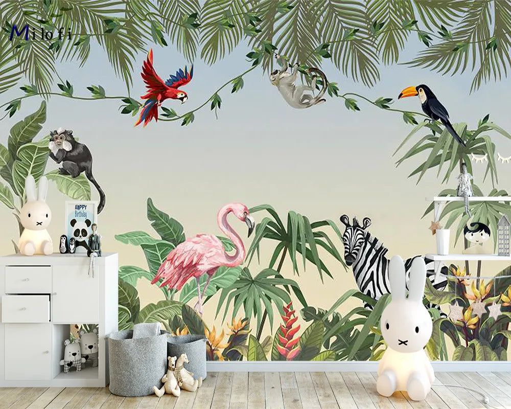 Milofi custom watercolor jungle nursery 3d wallpaper wall mural for kids nursery room 3d animal wallpaper sticker art deco