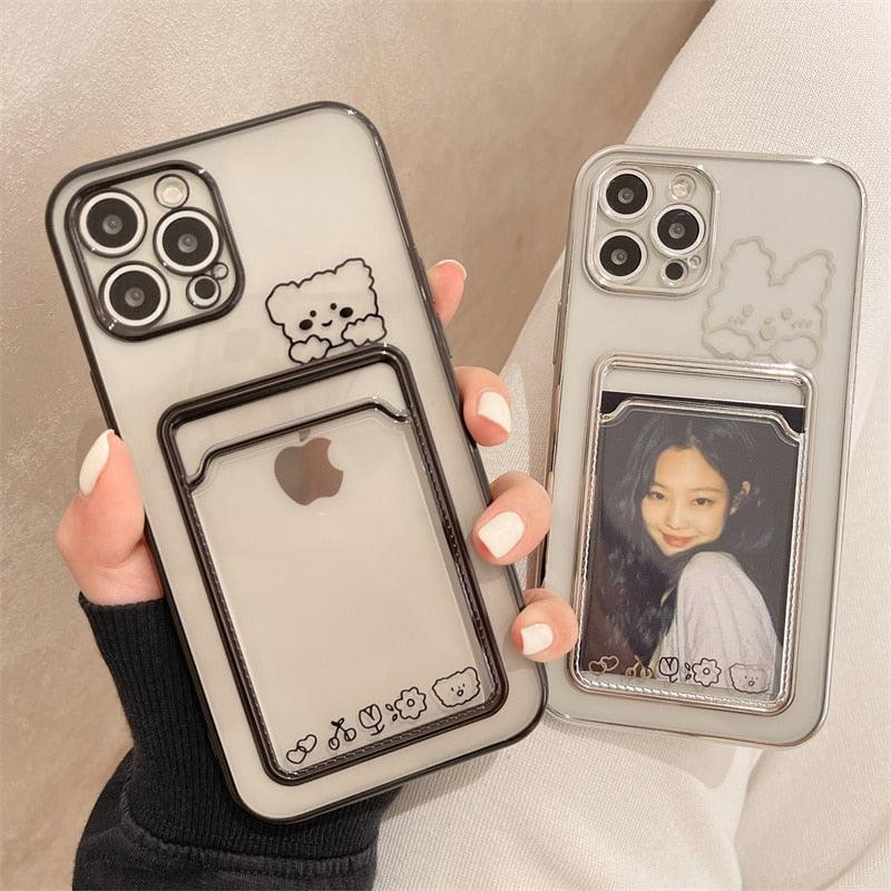 Ultra-light Transparent Photo Card Pocket Wallet Case For iPhone 13 11 12 14 Pro Max XS XR X 8 7 6S Plus Plating Cute Bear Rabbit Soft Phone Cover Cute Case with Card Holder Soft Cover Stevvex