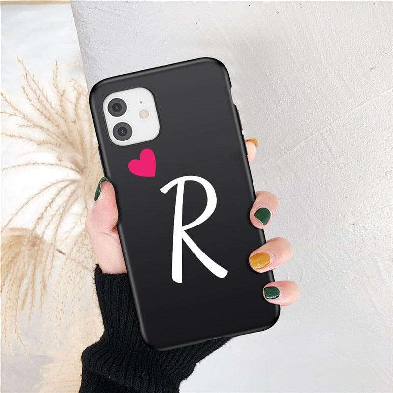 Women Elegant Black Initial Letter A-Z Love Heart Couples Phone Case For iPhone 13 12 Pro Max Mini Luxury Soft Silicone Cover Name Letter Case Stevvex