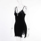 Goth Cross Mini Dress | Vintage Black Spaghetti Strap Dress -femstylo