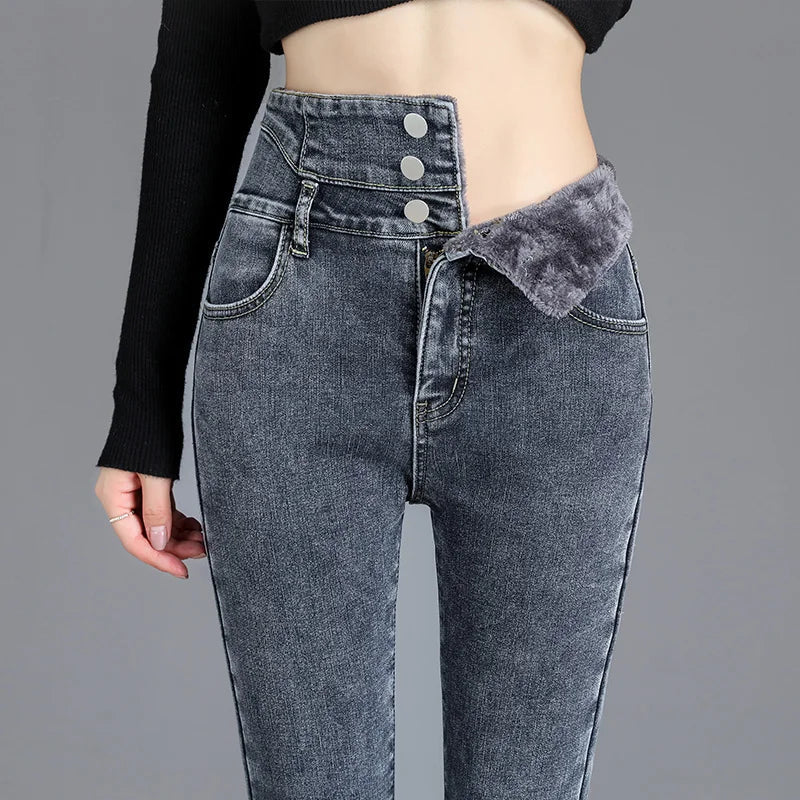 Thermal Winter Thick Fleece High-waist Warm Skinny Jeans Thick Women Stretch Button Pencil Pants Mom Casual Velvet Jeans Lootquake LLC