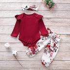 Newborn Baby Girl Clothes Knitting Cotton Long Sleeve  Tops Flower Print Long Pants Headband