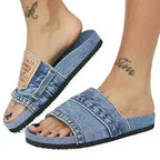 Denim Women's Cool Round Head Flat Slides Blue/Black