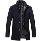 Woolen Coat Men Winter Windbreaker Long Thick Wool Jackets abrigo hombre Man Stand Collar Single Breasted With Vest Woolen Coats