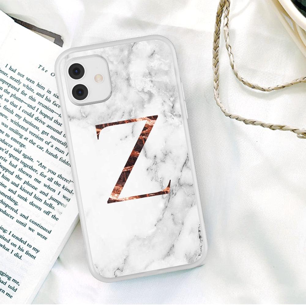 White A-Z Marble Texture Phone Cover For Iphone 12 Mini Soft Silicone Back Case Solid Name Phone Case Luxury Screen Camera Protection Shockproof Soft Cover Stevvex
