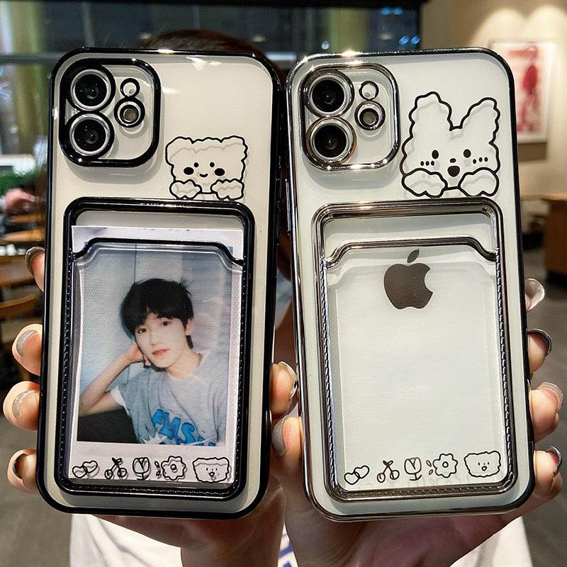 Ultra-light Transparent Photo Card Pocket Wallet Case For iPhone 13 11 12 14 Pro Max XS XR X 8 7 6S Plus Plating Cute Bear Rabbit Soft Phone Cover Cute Case with Card Holder Soft Cover Stevvex